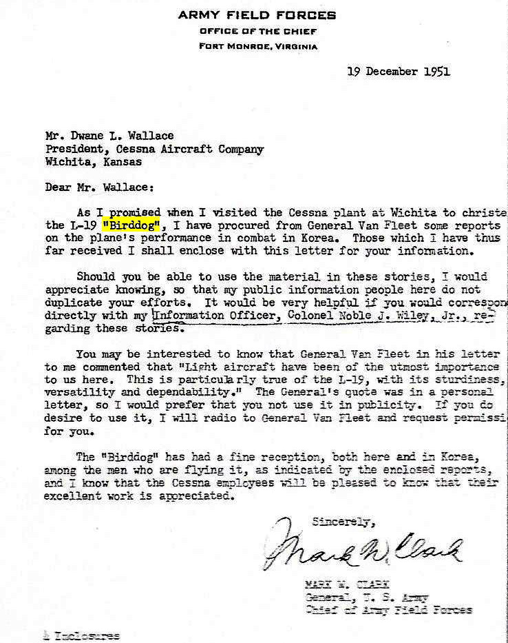 copy of letter from General Mark W. Clark dated 19 December 1951 copy of letter from General Mark W. Clark dated 19 December 1951