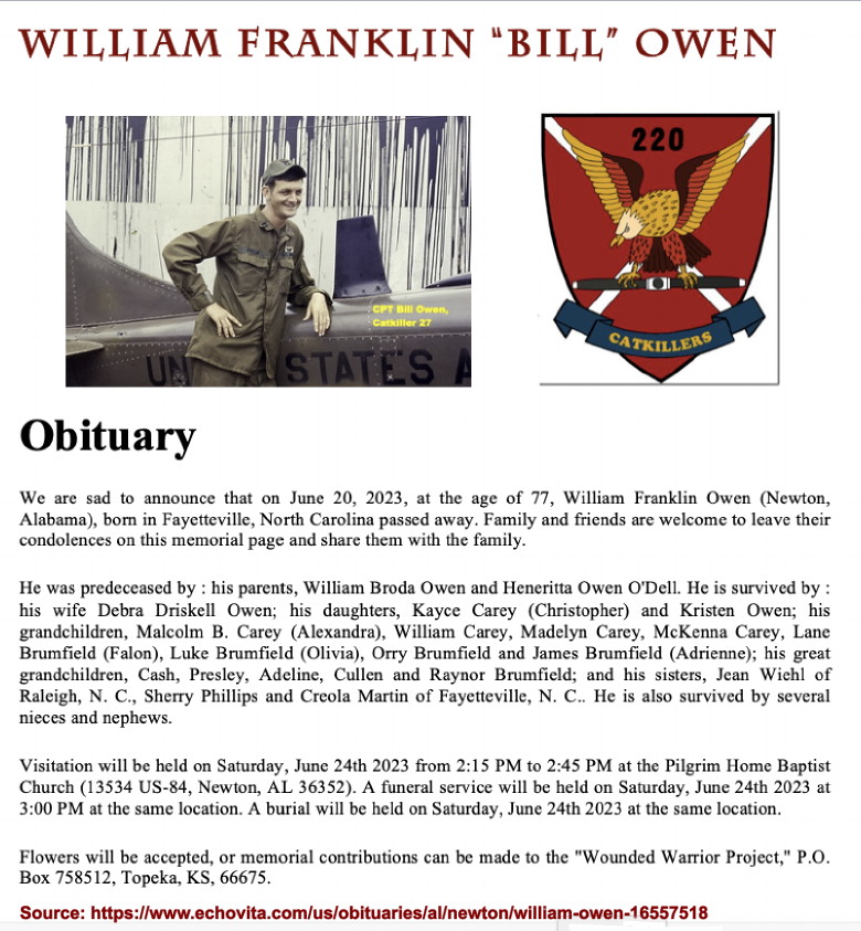CPT Bill Owen, Catkiller 27, Obituary, 2023 CPT Bill Owen, Catkiller 27, Obituary, 2023