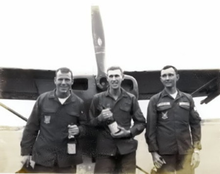 L to R Paul Brennan, Pete Blevins and Warren Taylor, just after our low level formation fly by in March 1970, before leaving for home. Paul and I went through flight school together. Warren hooked up with us before leaving the states and we went over together and came home together