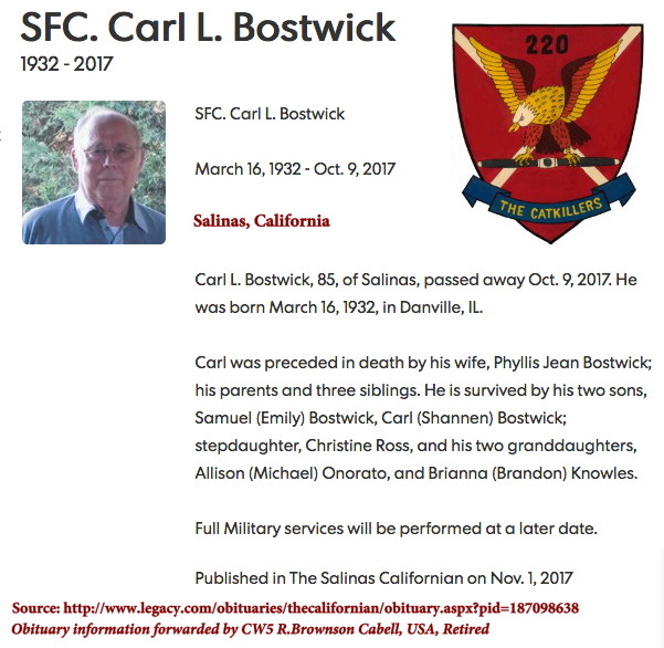 Obituary, SFC Carl L. Bostwick Obituary, SFC Carl L. Bostwick
