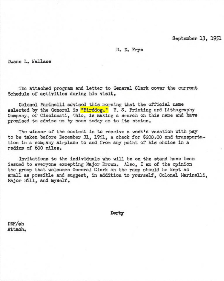 copy of letter from Derby D.Frye to Dwane L. Wallace regarding selected name for L-19 copy of letter from Derby D.Frye to Dwane L. Wallace regarding selected name for L-19