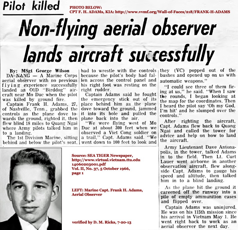Aerial Observer Captain Frank Houston Adams lands Birddog after pilot killed Aerial Observer Captain Frank Houston Adams lands Birddog after pilot killed