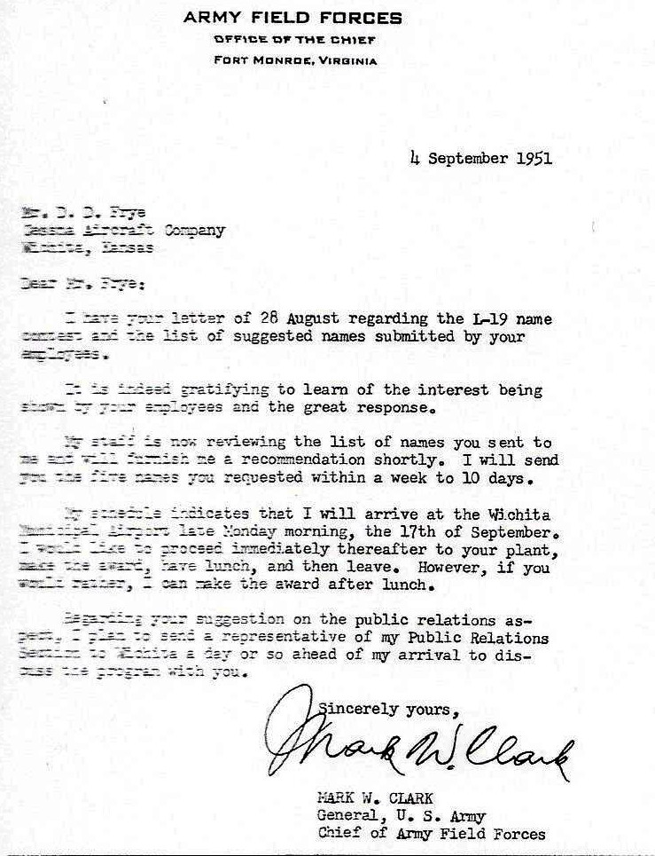 copy of letter from General Mark W. Clark to Derby Frye, Cessna Aircraft Company copy of letter from General Mark W. Clark to Derby Frye, Cessna Aircraft Company