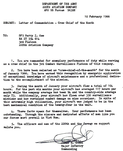 Timely Letter of Commendation to SP4 Harry I. Kee from MAJ Jerry R. Curry Timely Letter of Commendation to SP4 Harry I. Kee from MAJ Jerry R. Curry