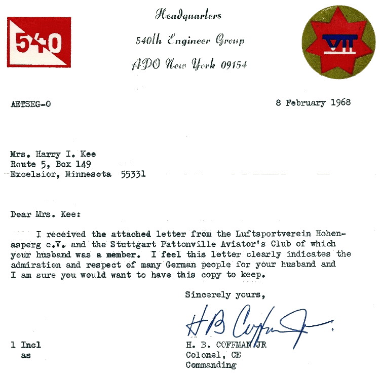 Letter of condolence from the commander of 540th Engineer Group, courtesy of Gerene Kee Letter of condolence from the commander of 540th Engineer Group, courtesy of Gerene Kee