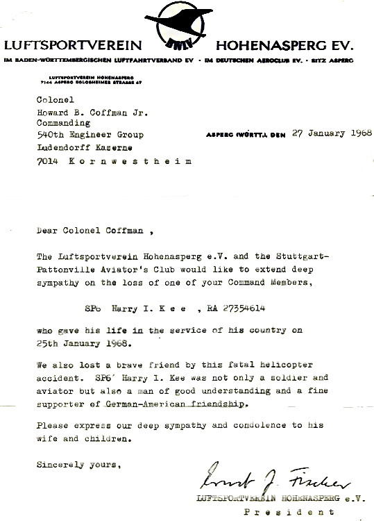 Letter of condolence from the Aviator's Club president to the commander of 540th Engineer Group, courtesy of Gerene Kee Letter of condolence from the Aviator's Club president to the commander of 540th Engineer Group, courtesy of Gerene Kee