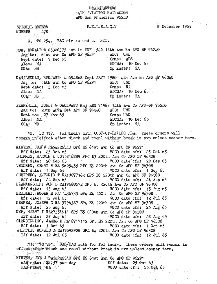 Special Order 279, page 1, dated 8 December 1965 Special Order 279, page 1, dated 8 December 1965