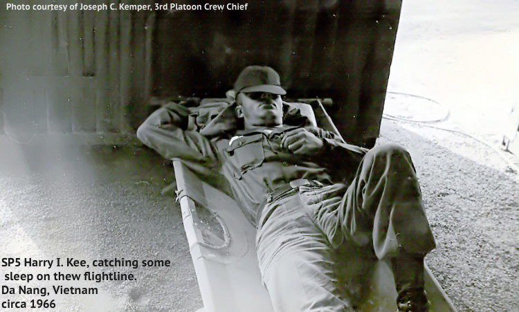 SP5 Harry I. Kee, 220th Aviation Company, napping on the flightline, circa 1966 SP5 Harry I. Kee, 220th Aviation Company, napping on the flightline, circa 1966