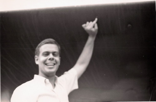 Dean Liken showing a bulet hole in the wing of his airplane Dean Liken showing a bulet hole in the wing of his airplane