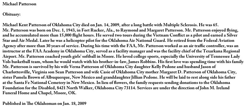 Michael Kent Patterson, obituary, 2009 Michael Kent Patterson, obituary, 2009