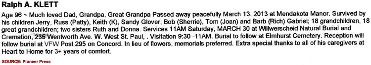 WWII Veteran Ralph H. Klett obituary WWII Veteran Ralph H. Klett obituary