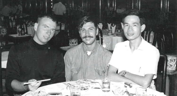 On R and R, L-R, Mike Sharkey, Henry Milam, unknown Vietnamese On R and R, L-R, Mike Sharkey, Henry Milam, unknown Vietnamese