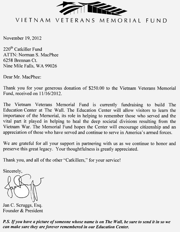 Letter dated November 19, 2012, Vietnam Veterans Memorial Fund donation
