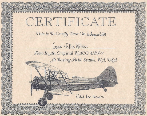 Certificate, Gene and Ellie Wilson ride in a WACO UPF-7 Certificate, Gene and Ellie Wilson ride in a WACO UPF-7